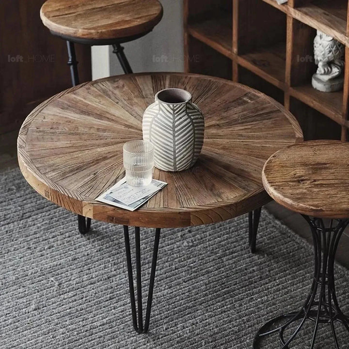 Rustic elm wood foldable round coffee table eclipse elm in close up details.