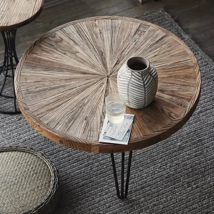 Rustic elm wood foldable round coffee table eclipse elm in panoramic view.