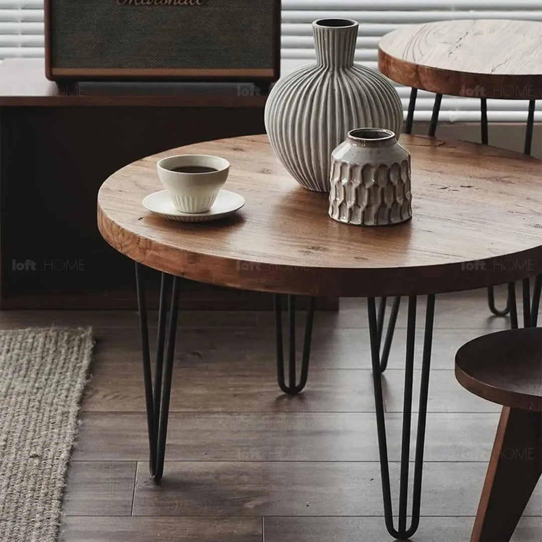 Rustic elm wood foldable round coffee table eclipse elm situational feels.