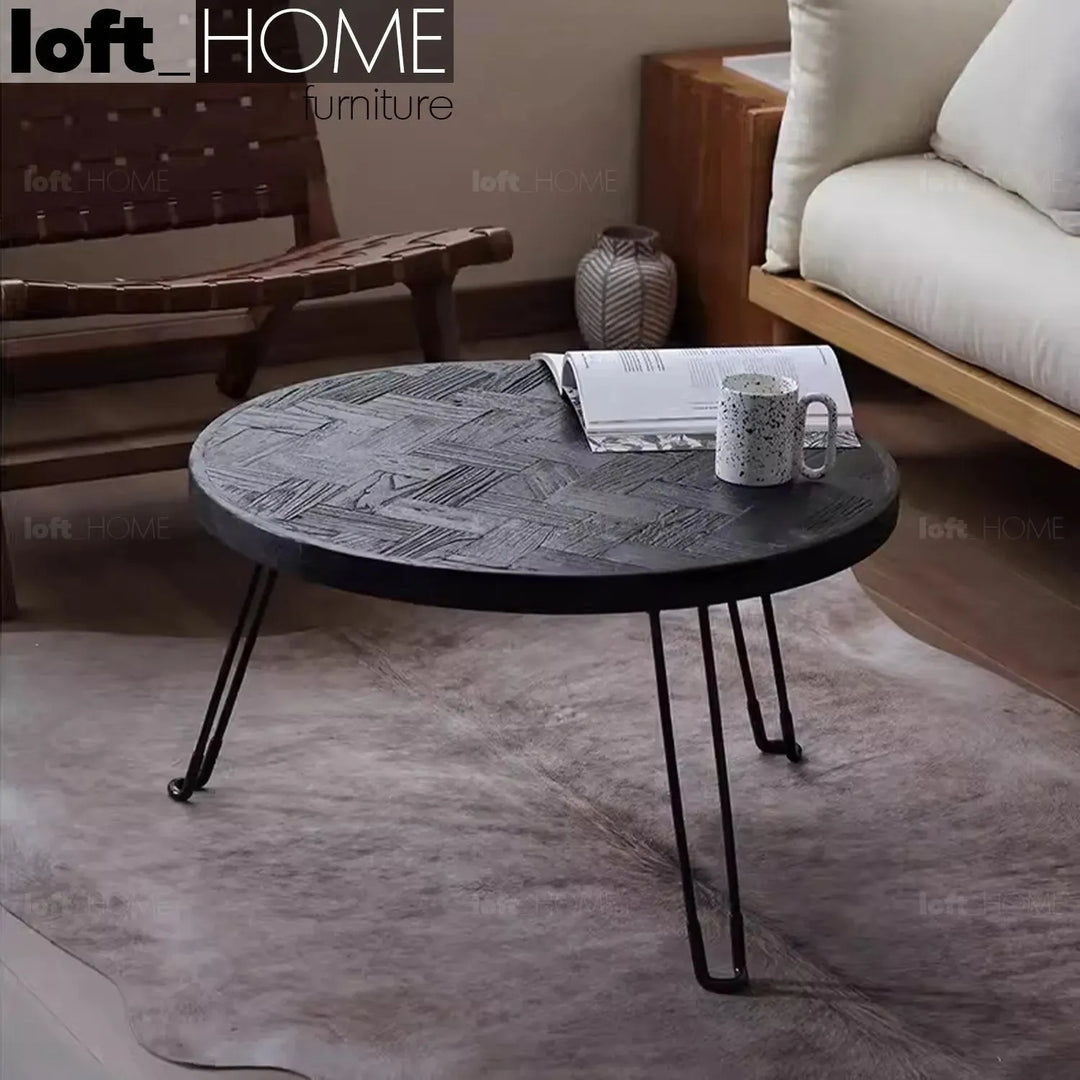 Rustic elm wood foldable round coffee table eclipse elm primary product view.