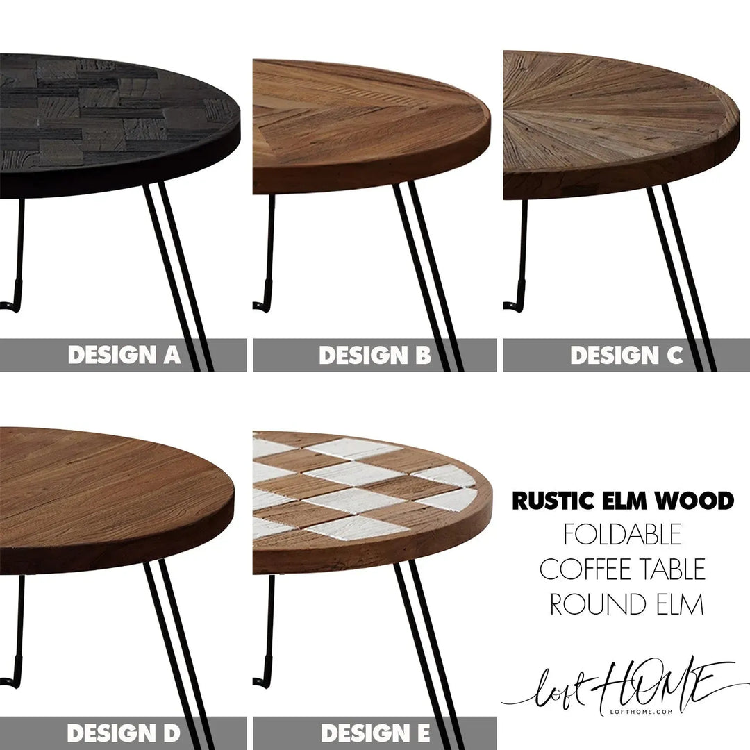 Rustic elm wood foldable round coffee table eclipse elm color swatches.
