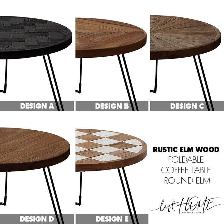 Rustic elm wood foldable round coffee table eclipse elm color swatches.