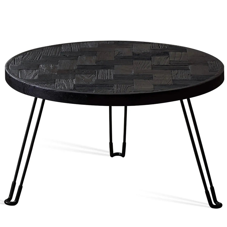 Rustic elm wood foldable round coffee table eclipse elm in white background.