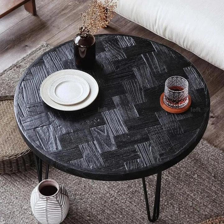 Rustic elm wood foldable round coffee table eclipse elm material variants.