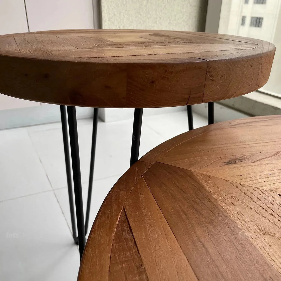 Rustic elm wood foldable round coffee table eclipse elm in details.