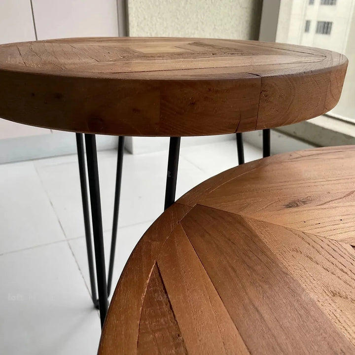 Rustic elm wood foldable round coffee table eclipse elm in details.