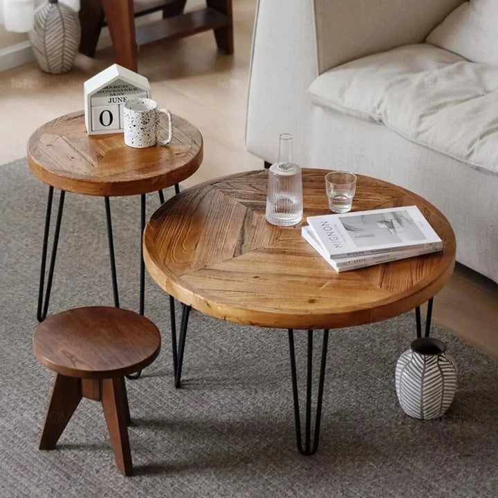 Rustic elm wood foldable round coffee table eclipse elm in real life style.