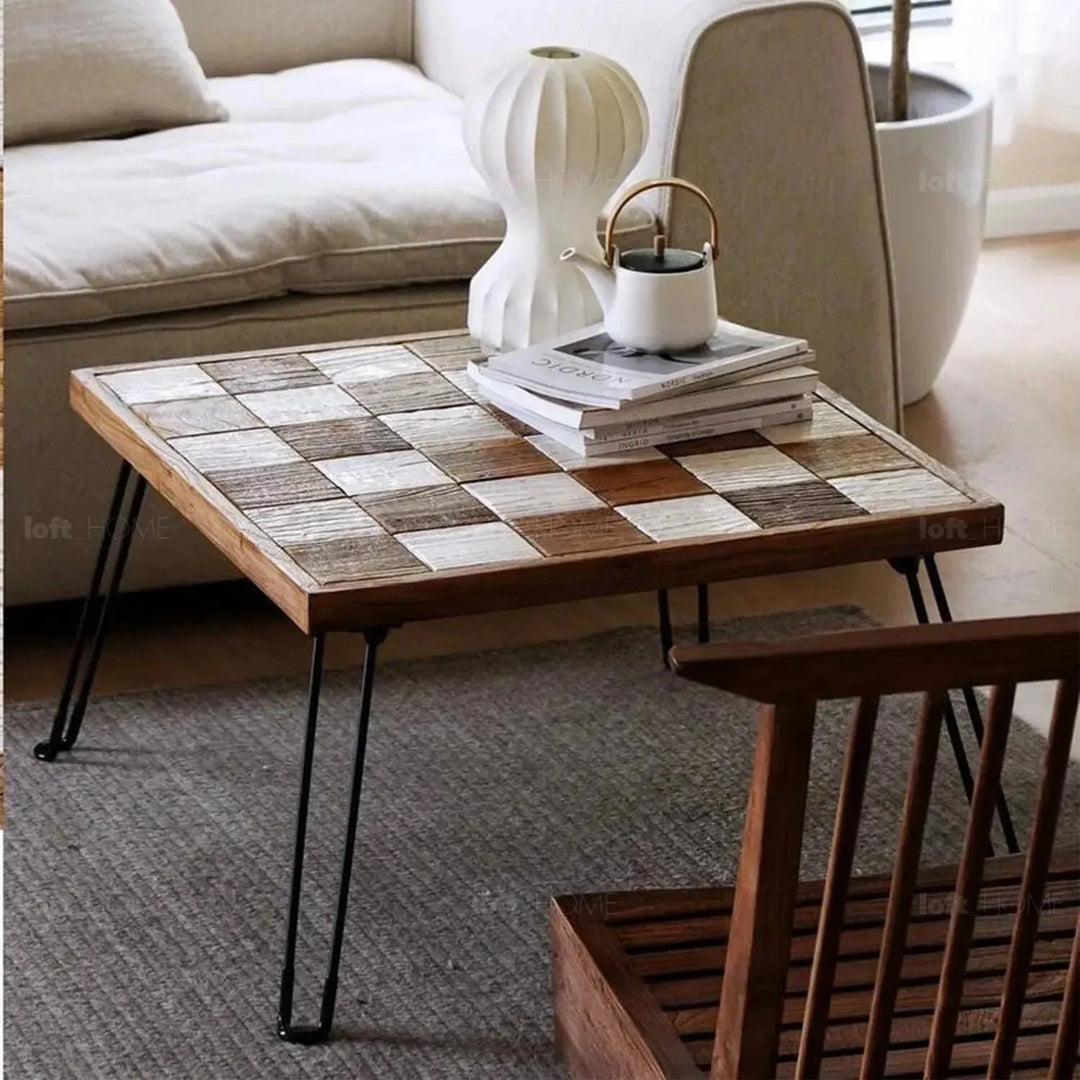 Rustic elm wood foldable square coffee table zenith elm material variants.