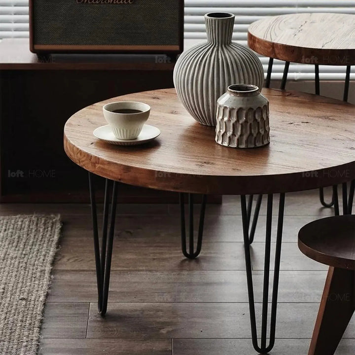 Rustic elm wood round coffee table aura elm in details.
