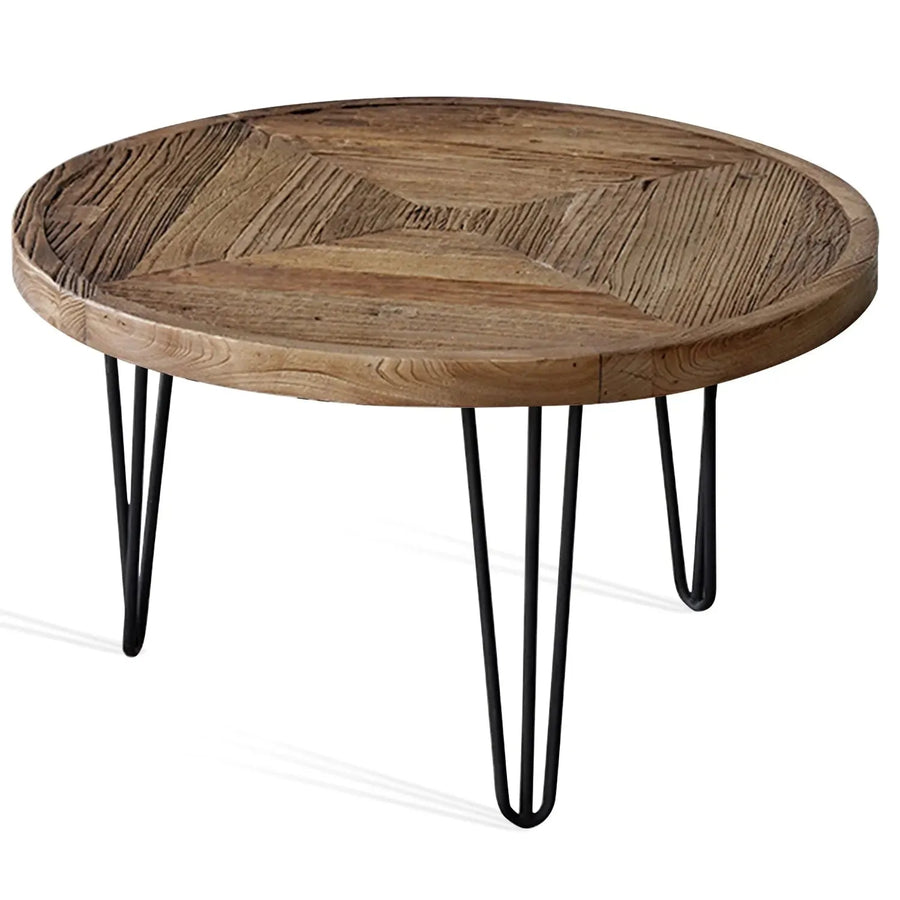 Rustic elm wood round coffee table aura elm in white background.