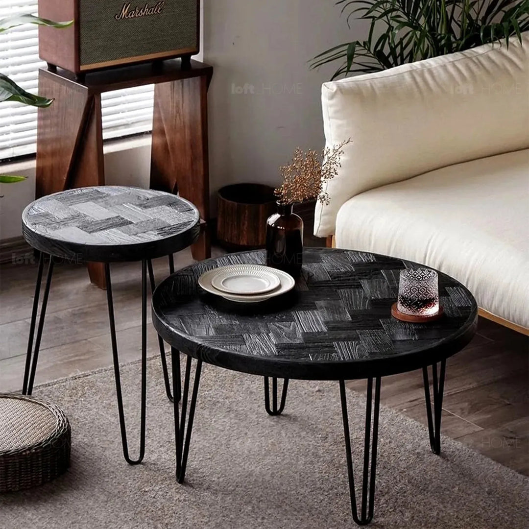 Rustic elm wood round coffee table aura elm in still life.