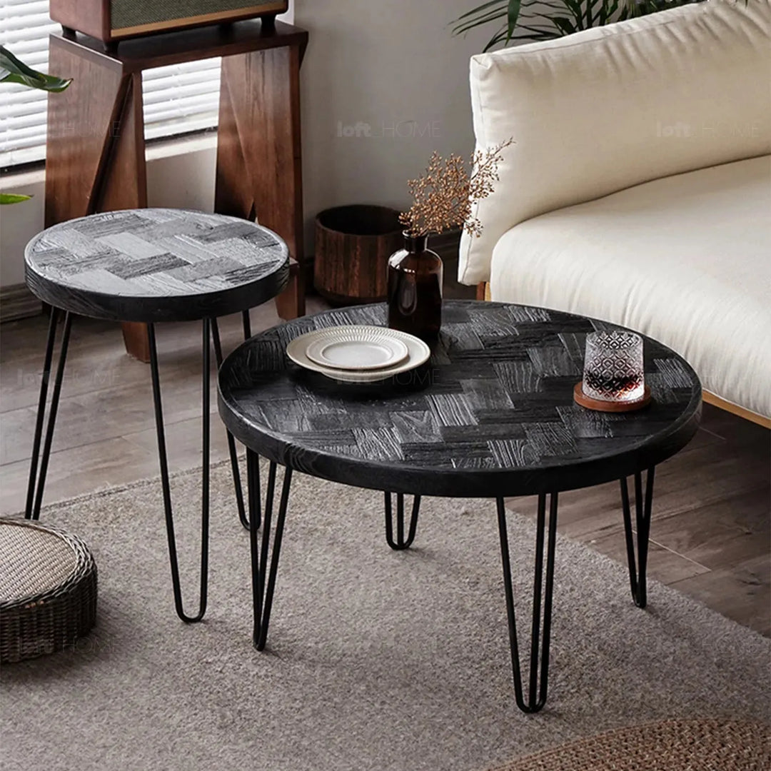 Rustic elm wood round side table eclat elm in real life style.