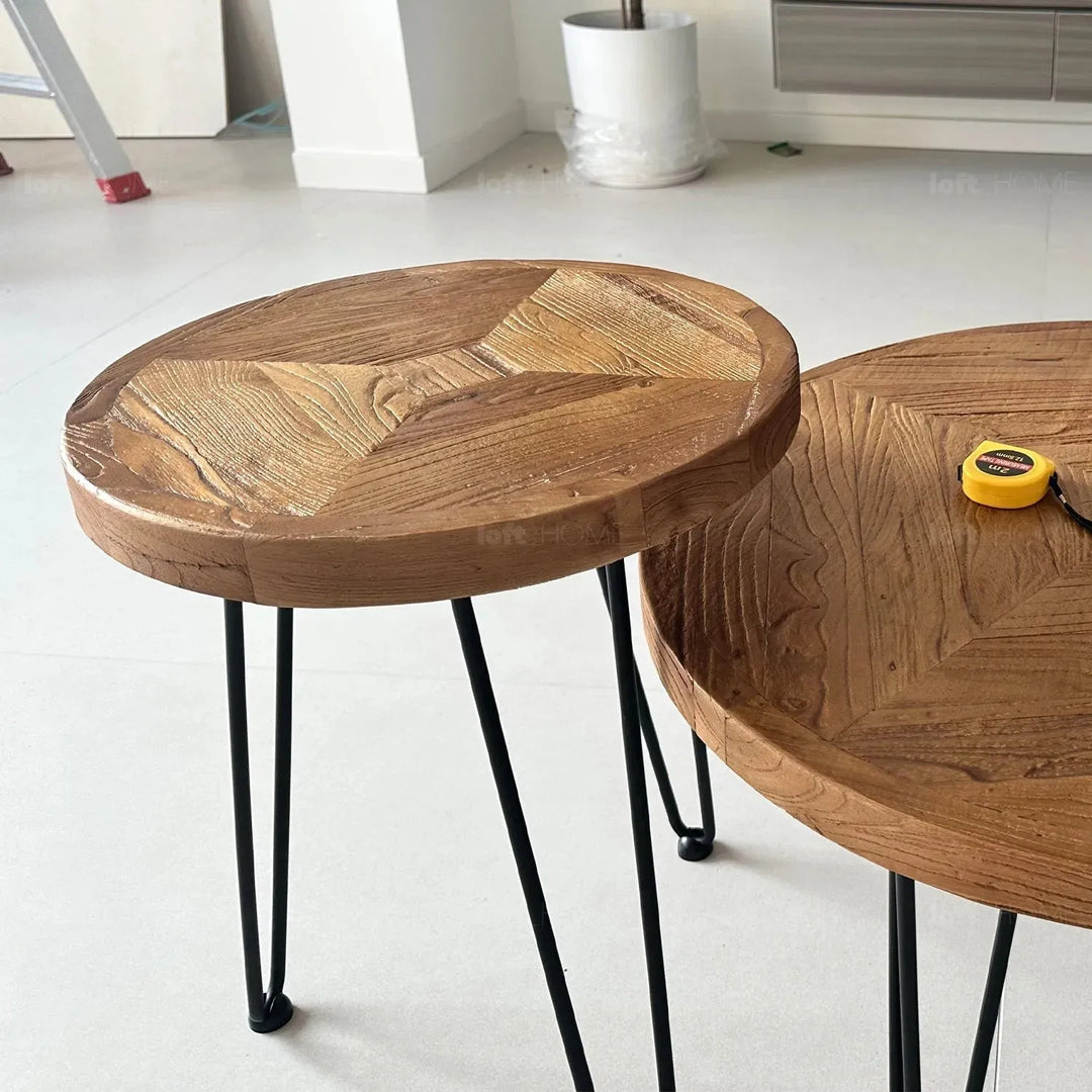 Rustic elm wood round side table eclat elm in close up details.