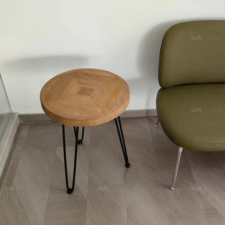 Rustic elm wood round side table eclat elm in details.