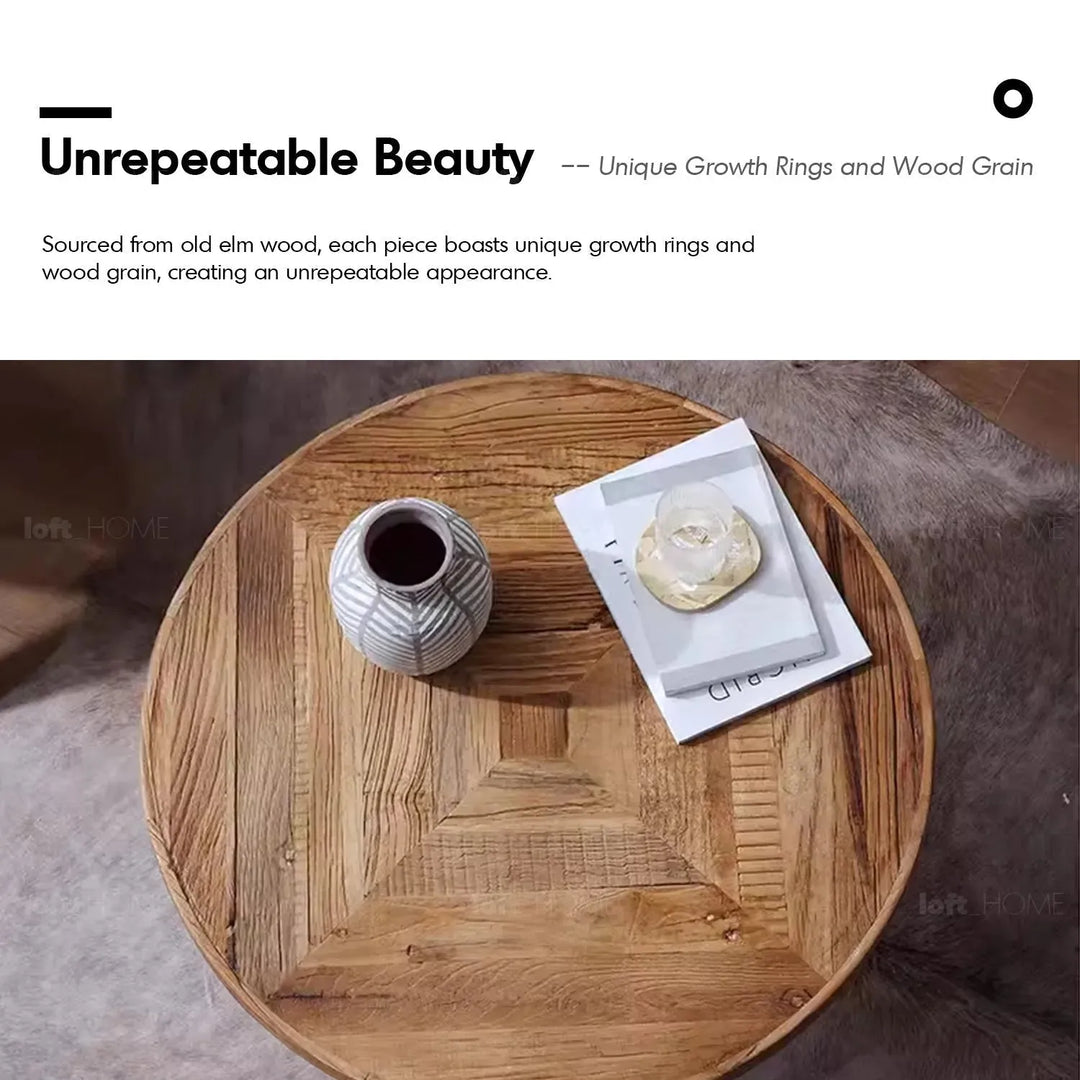 Rustic elm wood round side table eclat elm layered structure.