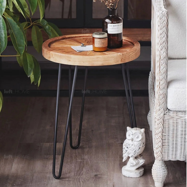 Rustic elm wood round side table eclat elm in still life.