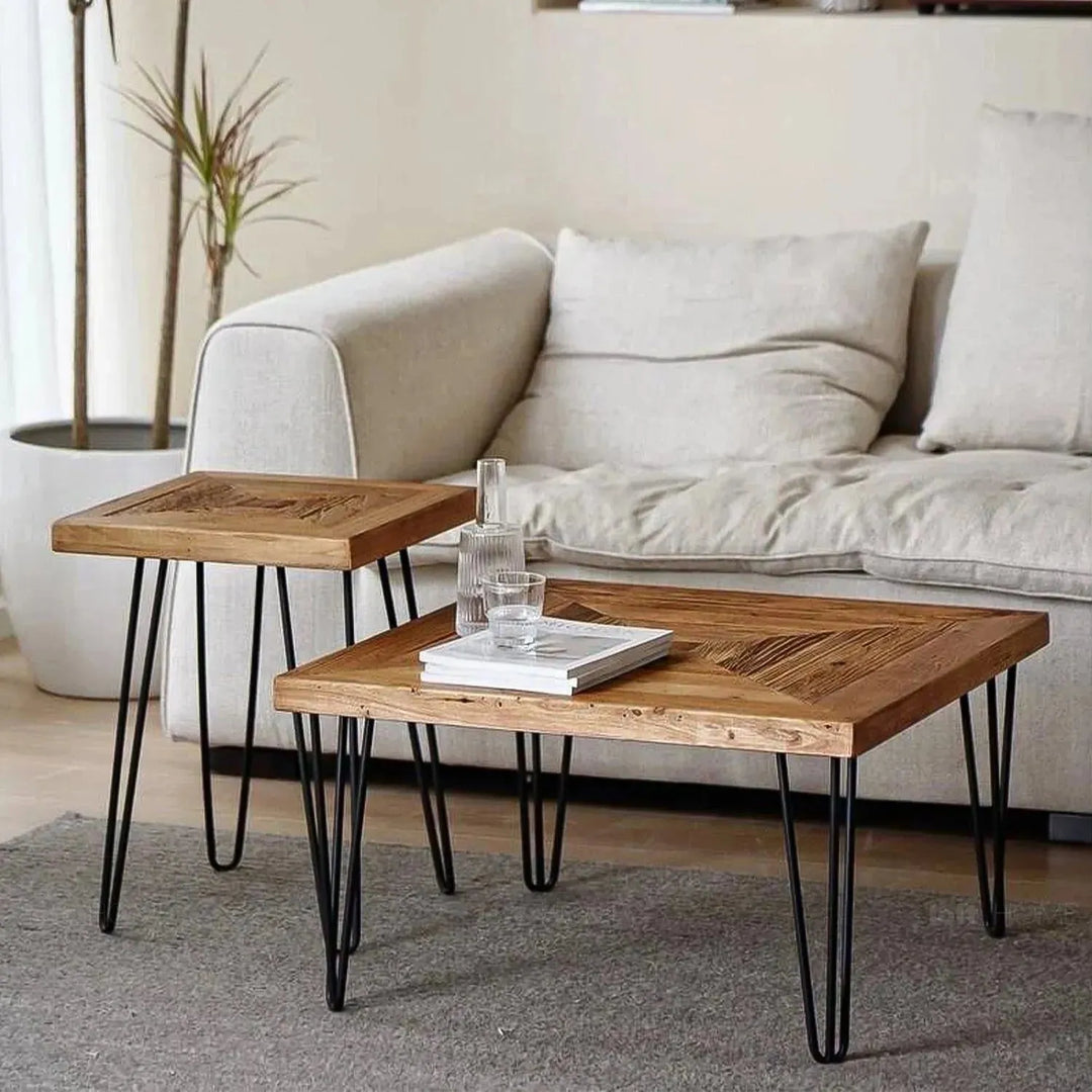 Rustic elm wood square coffee table vertigo elm with context.