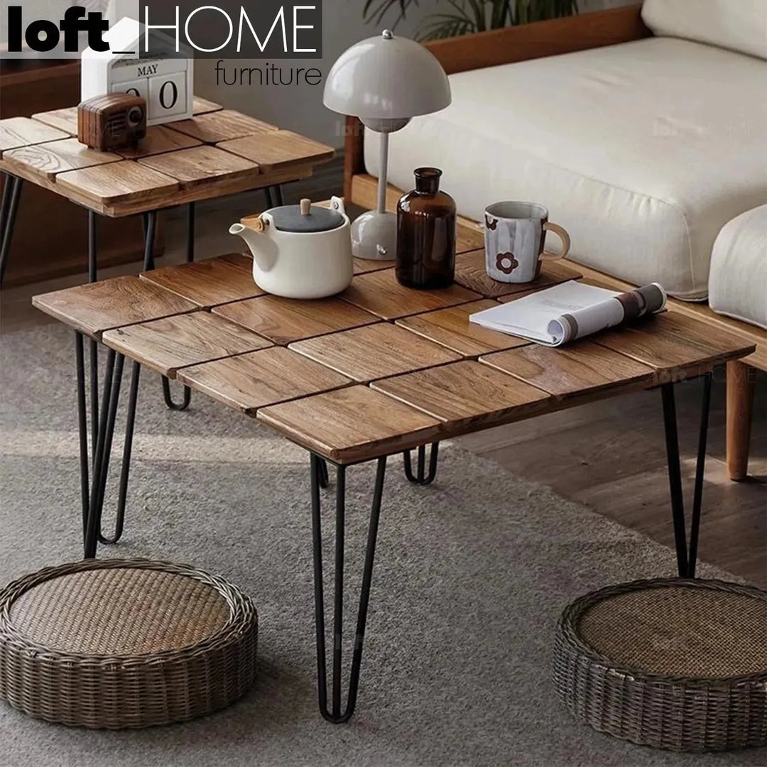 Rustic elm wood square coffee table vertigo elm primary product view.