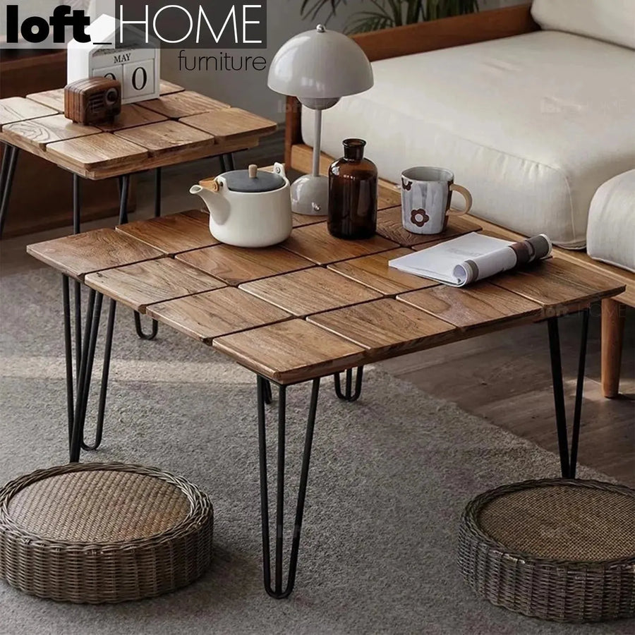 Rustic elm wood square coffee table vertigo elm primary product view.