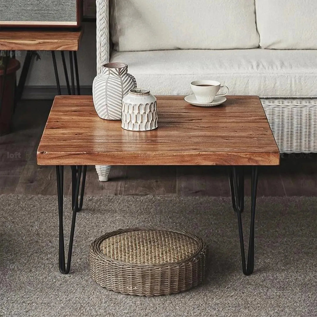 Rustic elm wood square coffee table vertigo elm in close up details.