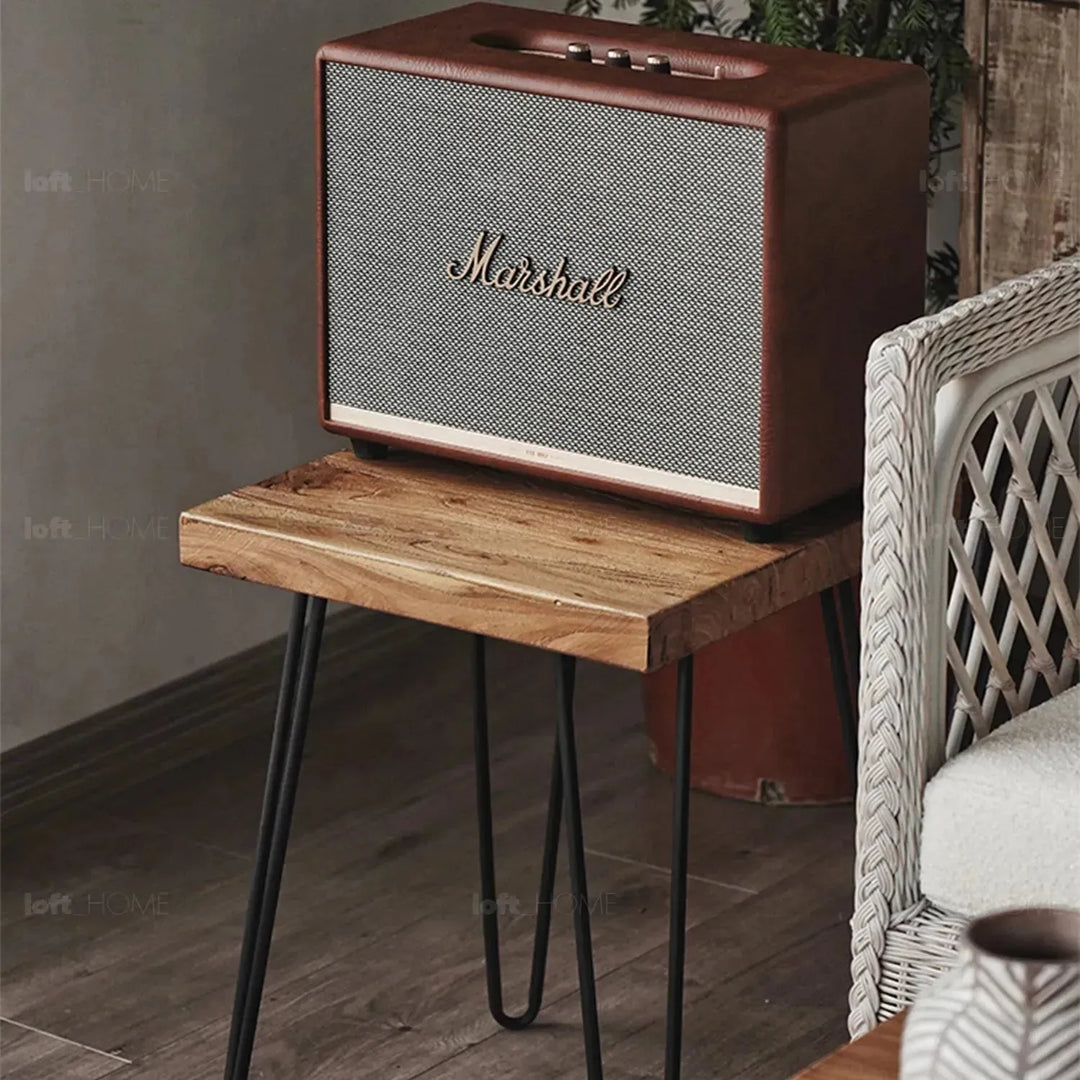 Rustic elm wood square side table velvet elm in still life.