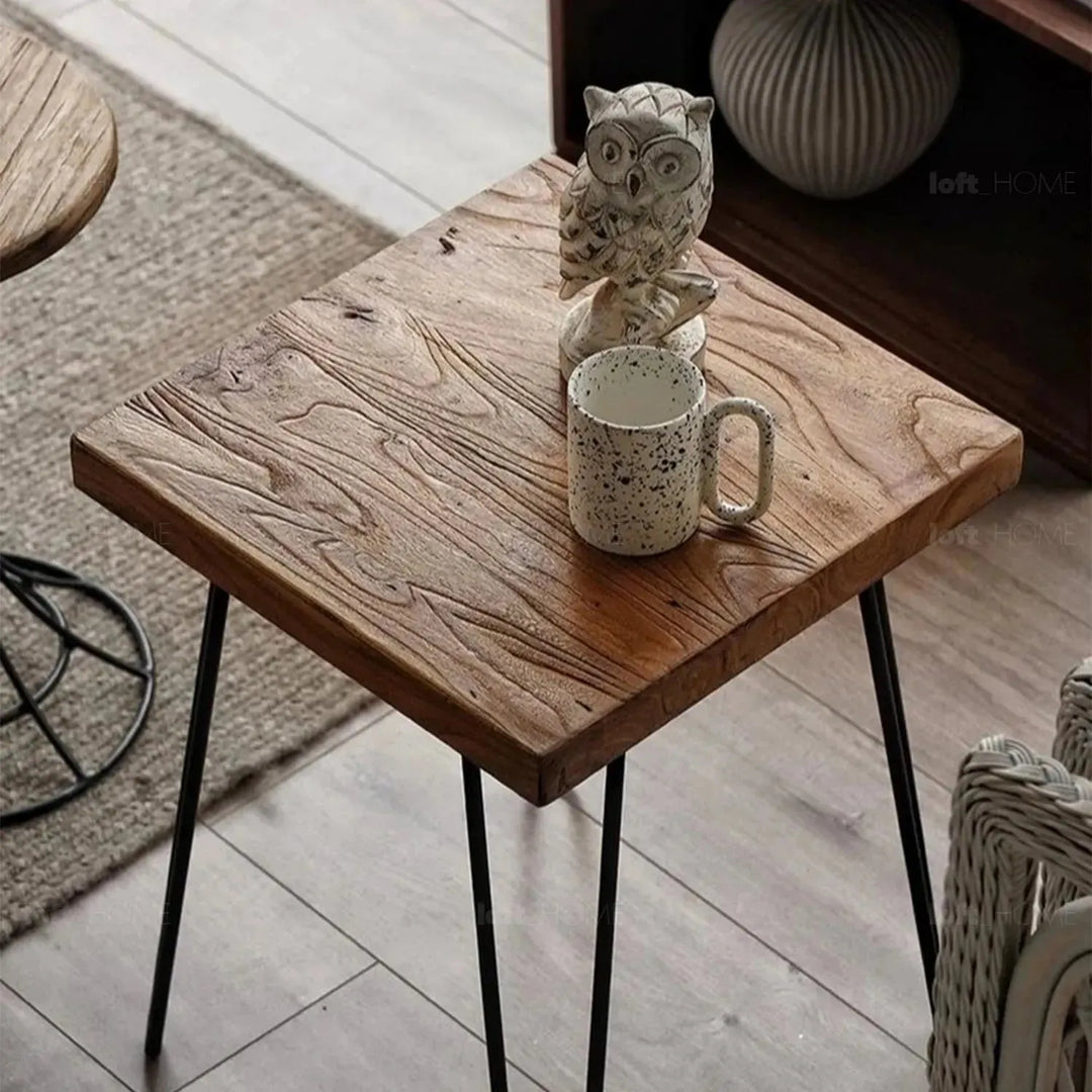 Rustic elm wood square side table velvet elm in panoramic view.