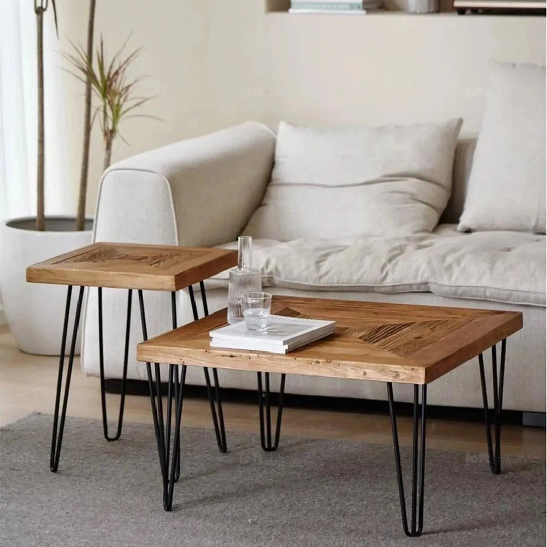 Rustic elm wood square side table velvet elm with context.