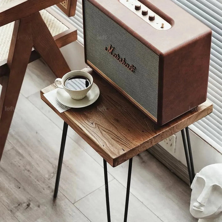 Rustic elm wood square side table velvet elm in close up details.