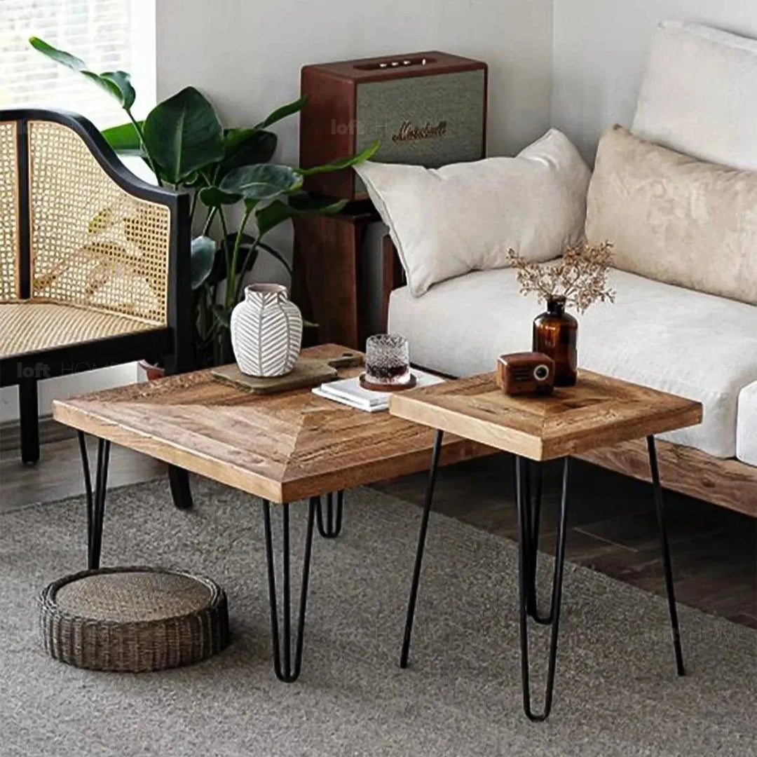 Rustic elm wood square side table velvet elm in real life style.