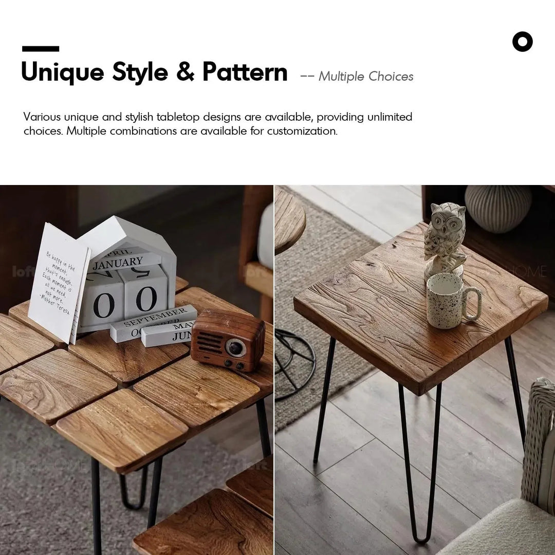 Rustic elm wood square side table velvet elm layered structure.