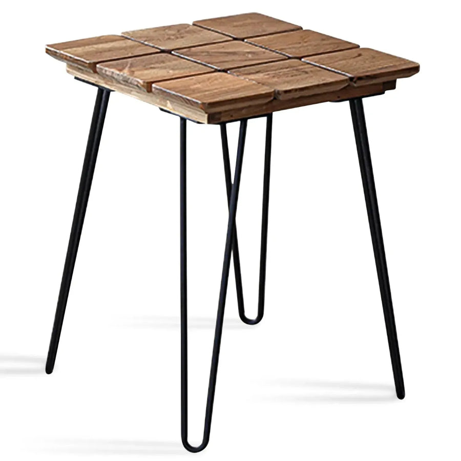 Rustic elm wood square side table velvet elm in white background.