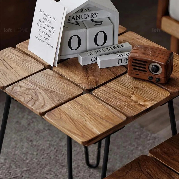 Rustic elm wood square side table velvet elm material variants.