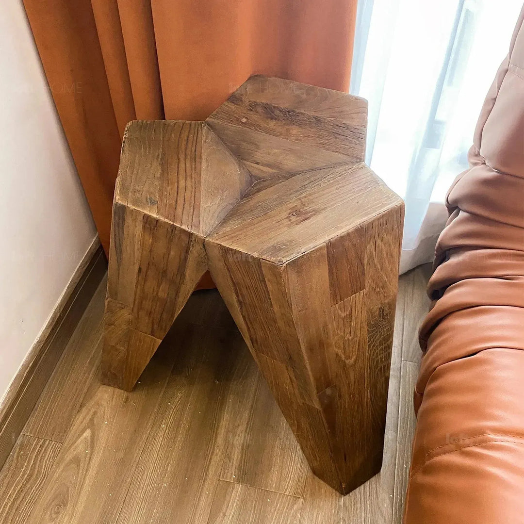 Rustic elm wood stool polygon elm in real life style.