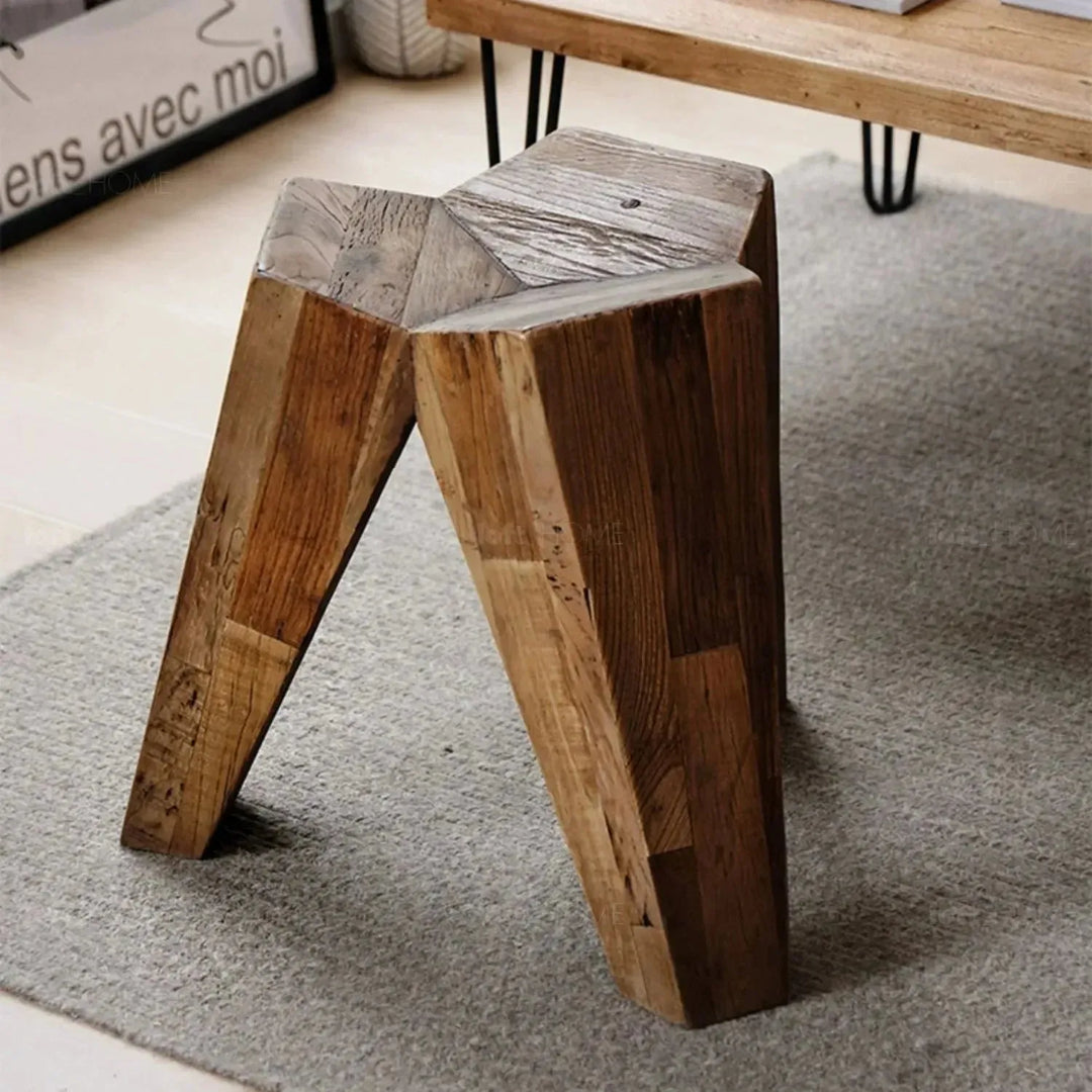 Rustic elm wood stool polygon elm in details.