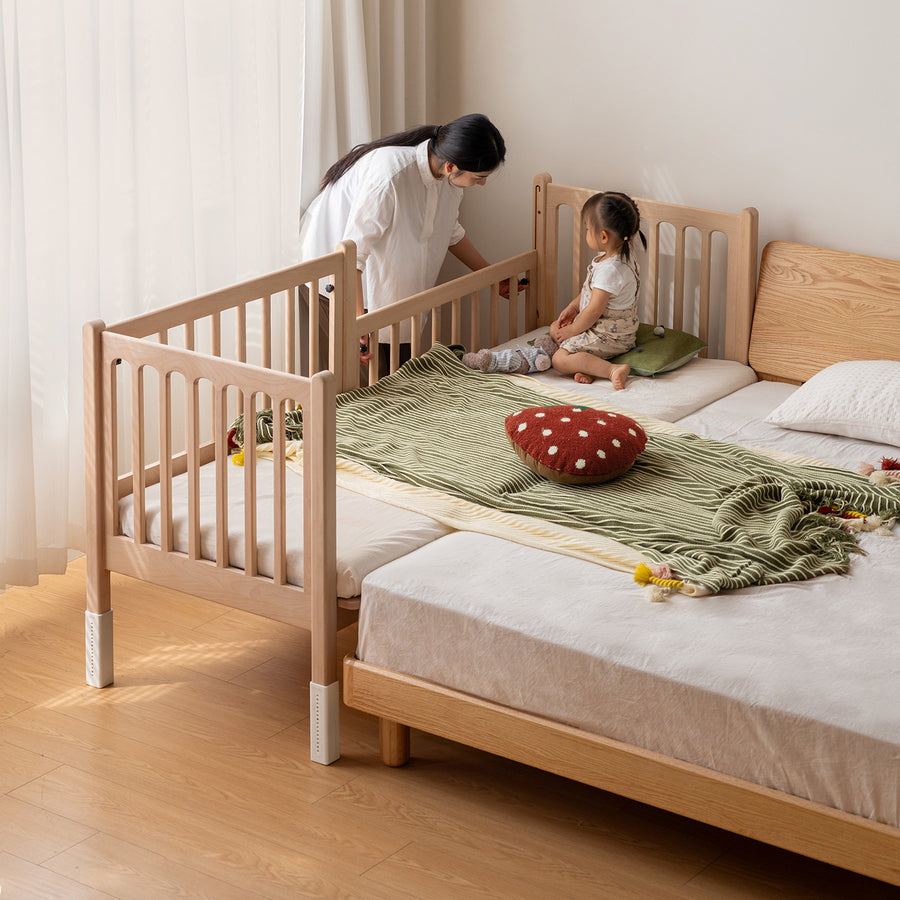 Scandinavian beech wood height adjustable kids sidecar bed with mattress set sova primary product view.