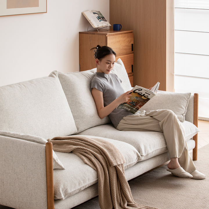 Scandinavian chenille velvet cherry wood 3 seater sofa sea salt with context.