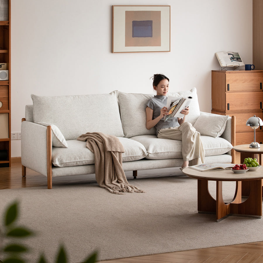 Scandinavian chenille velvet cherry wood 4 seater sofa sea salt primary product view.