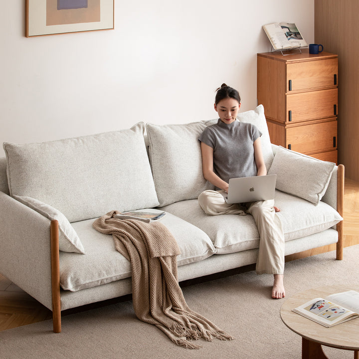 Scandinavian chenille velvet cherry wood 4 seater sofa sea salt material variants.