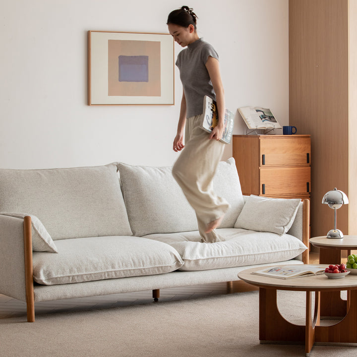 Scandinavian chenille velvet cherry wood 4 seater sofa sea salt in details.