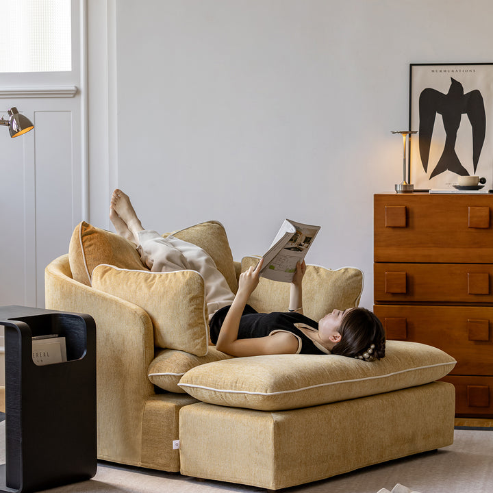 Scandinavian chenille velvet fabric 1 seater sofa stool mira in real life style.