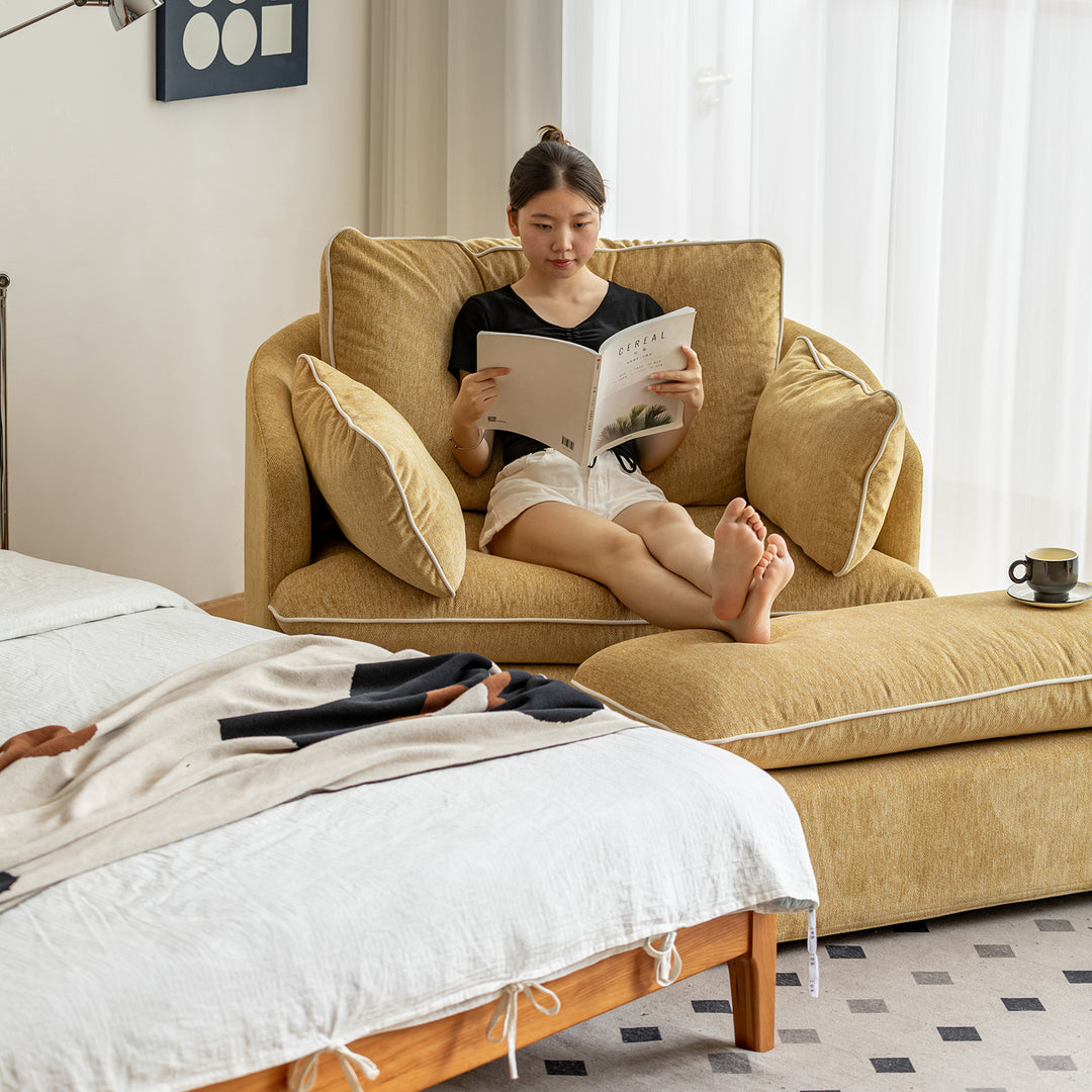 Scandinavian chenille velvet fabric 1 seater sofa stool mira with context.