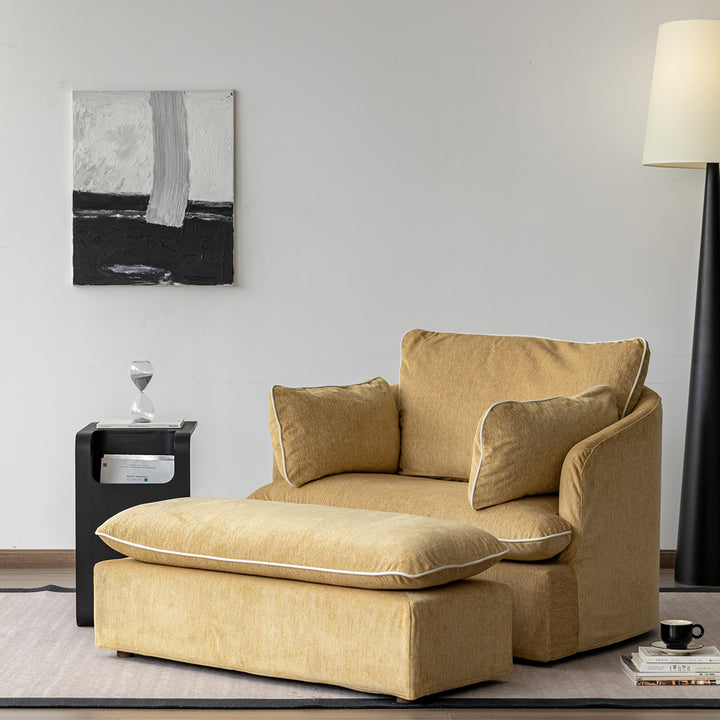 Scandinavian chenille velvet fabric 1 seater sofa stool mira in close up details.