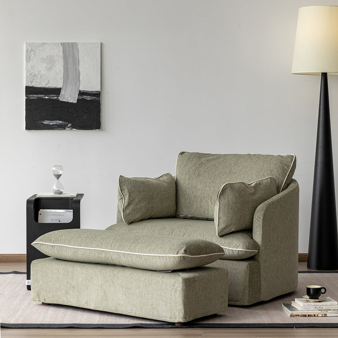 Scandinavian chenille velvet fabric 1 seater sofa stool mira in still life.
