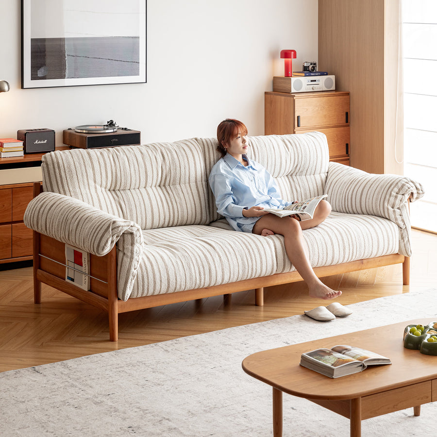 Scandinavian chenille velvet fabric cherry wood 3 seater sofa open backed primary product view.