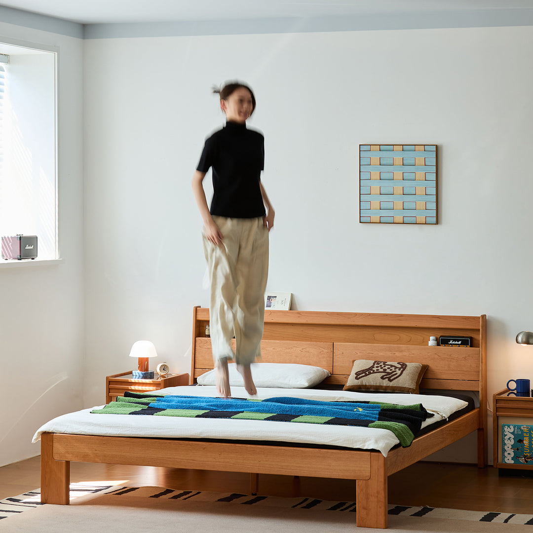 Scandinavian cherry wood bed accompany light primary product view.