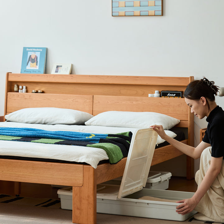 Scandinavian cherry wood bed accompany light in panoramic view.