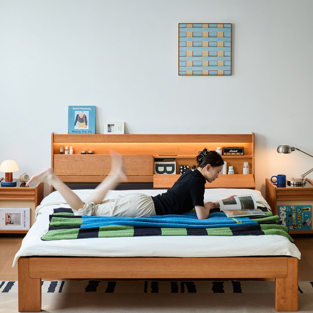 Scandinavian cherry wood bed accompany light environmental situation.