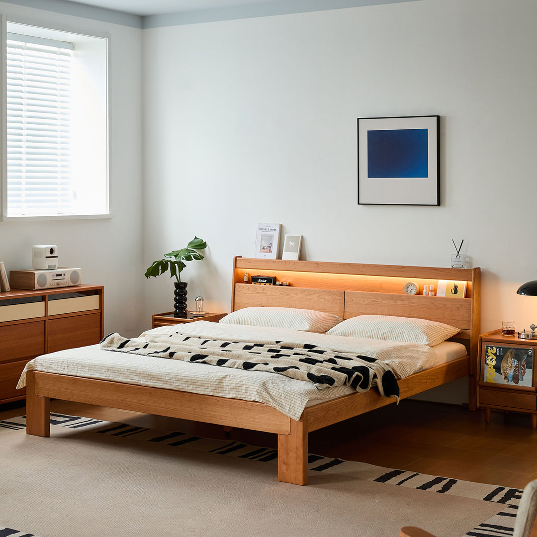 Scandinavian cherry wood bed accompany light conceptual design.
