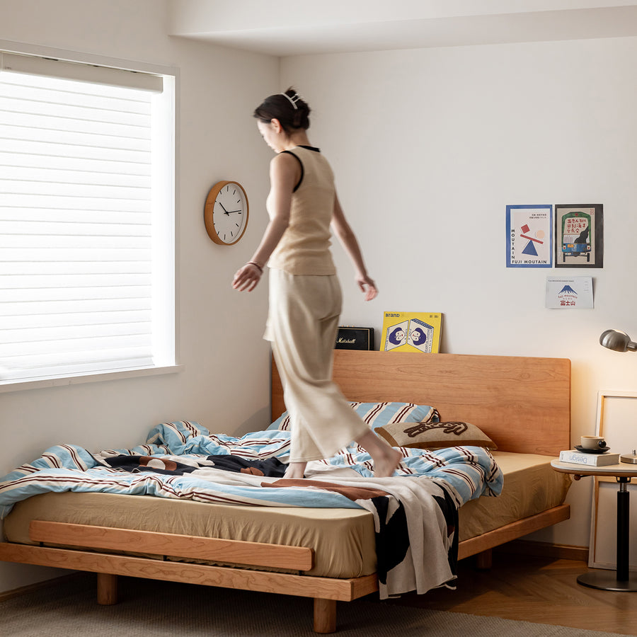 Scandinavian cherry wood bed small color swatches.