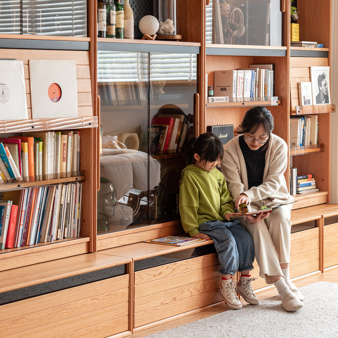 Scandinavian cherry wood bookshelf story size charts.